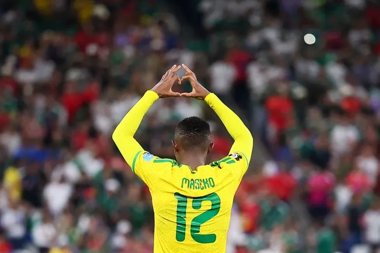 South Africa's Thapelo Maseko celebrates scoring their first goal