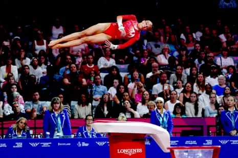 Wales’ Emily Roper soars through the air during the vault section in the women's artistic gymnastics team final.